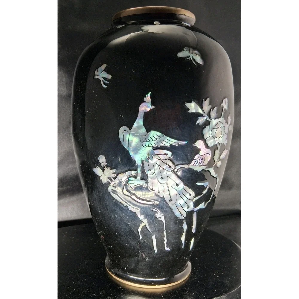 Vintage Brass, Black Enamel Mother of Pearl Inlay Peacock Vase Brass Trim 7.25in